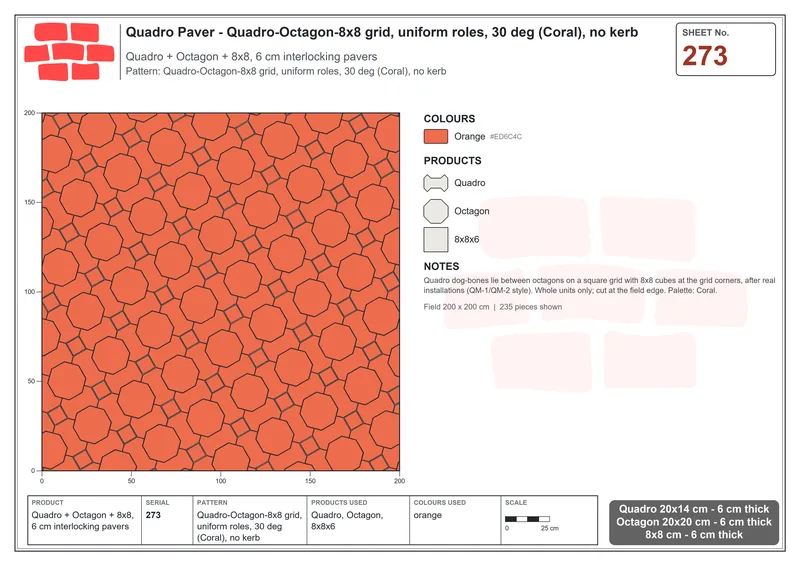 Interlock (Pasco) 20x14 cm · QUA-273 · Quadro-Octagon-8x8 grid, uniform roles, 30 deg (Coral), no kerb · Laying plan