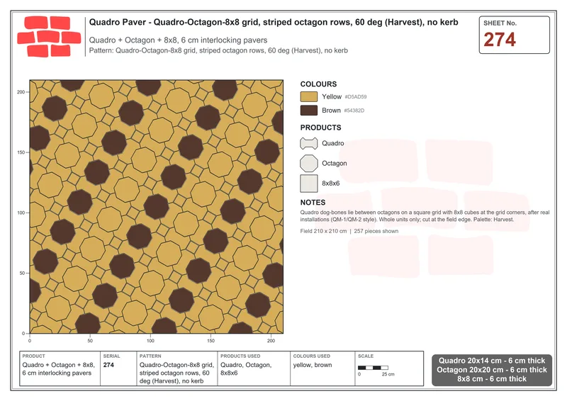 Interlock (Pasco) 20x14 cm · QUA-274 · Quadro-Octagon-8x8 grid, striped octagon rows, 60 deg (Harvest), no kerb · Laying plan