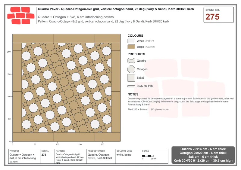 Interlock (Pasco) 20x14 cm · QUA-275 · Quadro-Octagon-8x8 grid, vertical octagon band, 22 deg (Ivory & Sand), Kerb 30H/20 kerb · Laying plan