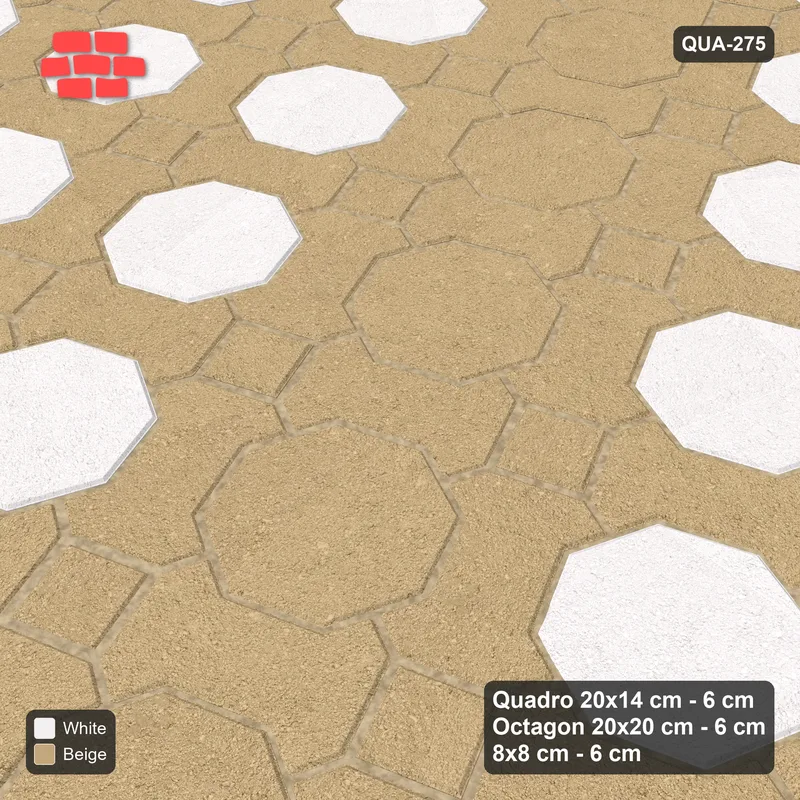 Interlock (Pasco) 20x14 cm · QUA-275 · Quadro-Octagon-8x8 grid, vertical octagon band, 22 deg (Ivory & Sand), Kerb 30H/20 kerb · Side view Interlock (Pasco) 20x14 cm · QUA-275 · Quadro-Octagon-8x8 grid, vertical octagon band, 22 deg (Ivory & Sand), Kerb 30H/20 kerb · Side view