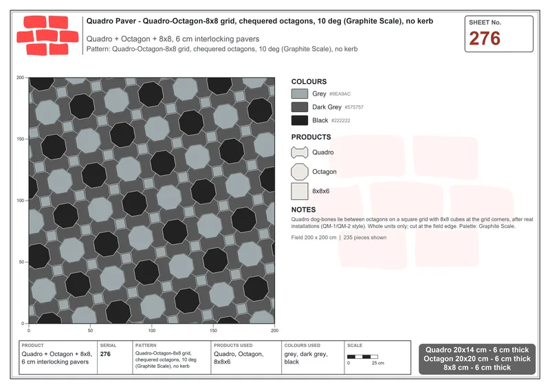 Interlock (Pasco) 20x14 cm · QUA-276 · Quadro-Octagon-8x8 grid, chequered octagons, 10 deg (Graphite Scale), no kerb · Laying plan