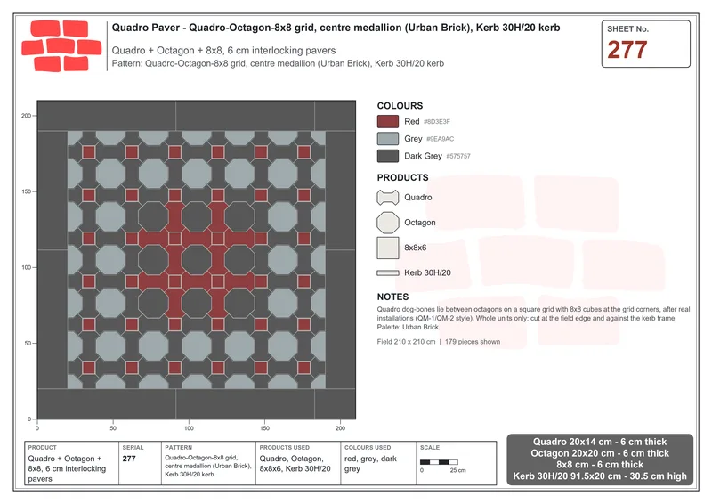 Interlock (Pasco) 20x14 cm · QUA-277 · Quadro-Octagon-8x8 grid, centre medallion (Urban Brick), Kerb 30H/20 kerb · Laying plan