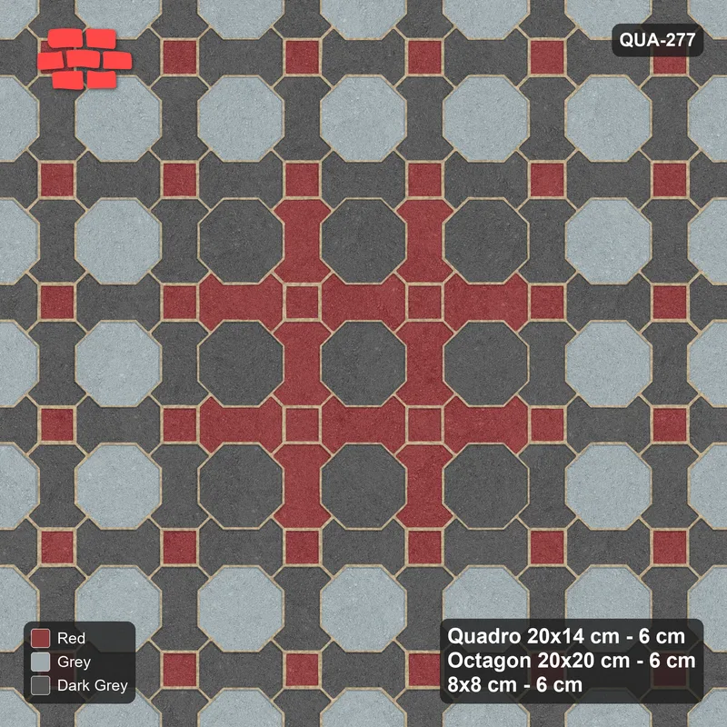 Interlock (Pasco) 20x14 cm · QUA-277 · Quadro-Octagon-8x8 grid, centre medallion (Urban Brick), Kerb 30H/20 kerb · Top view Interlock (Pasco) 20x14 cm · QUA-277 · Quadro-Octagon-8x8 grid, centre medallion (Urban Brick), Kerb 30H/20 kerb · Top view