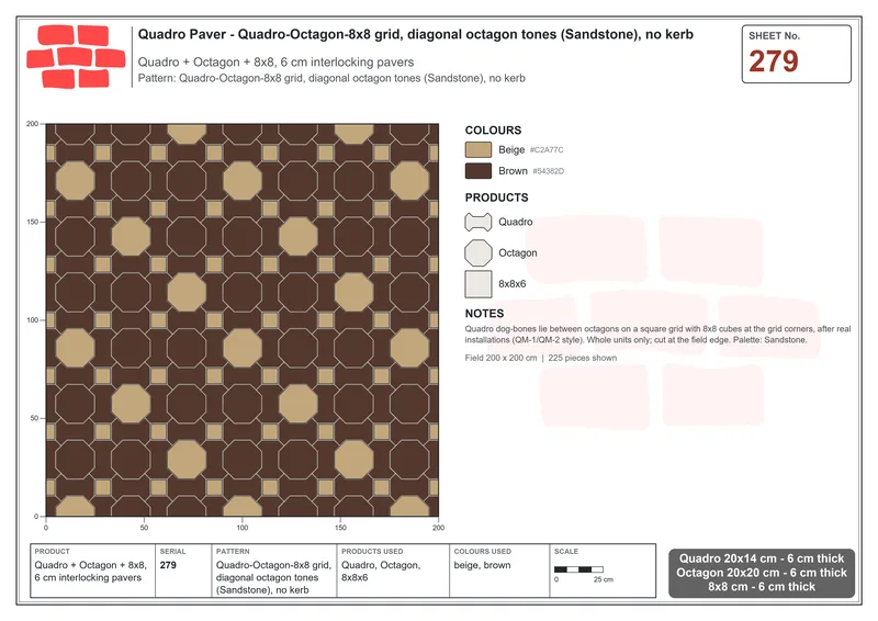 Interlock (Pasco) 20x14 cm · QUA-279 · Quadro-Octagon-8x8 grid, diagonal octagon tones (Sandstone), no kerb · Laying plan
