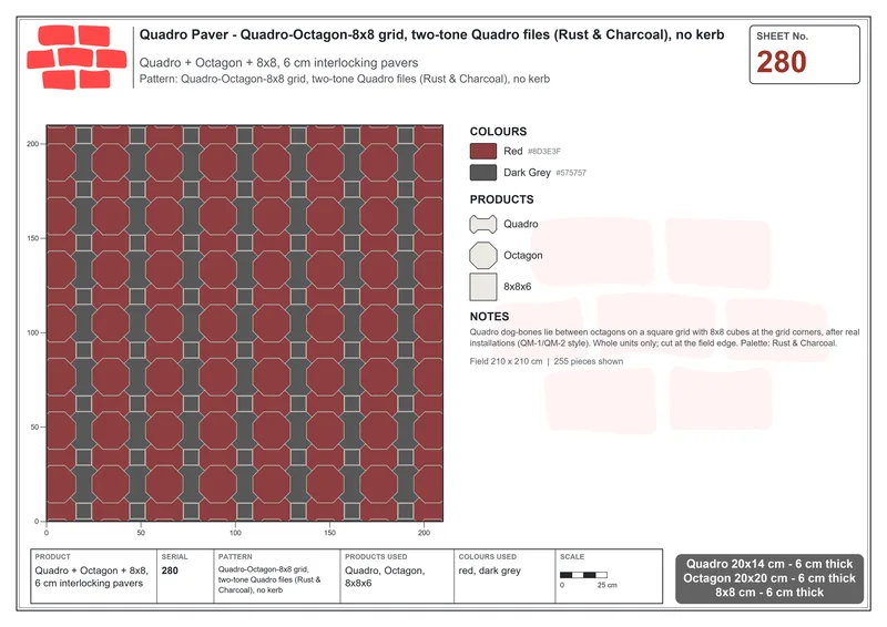 Interlock (Pasco) 20x14 cm · QUA-280 · Quadro-Octagon-8x8 grid, two-tone Quadro files (Rust & Charcoal), no kerb · Laying plan