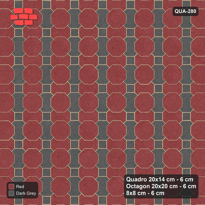 Interlock (Pasco) 20x14 cm · QUA-280 · Quadro-Octagon-8x8 grid, two-tone Quadro files (Rust & Charcoal), no kerb · Top view Interlock (Pasco) 20x14 cm · QUA-280 · Quadro-Octagon-8x8 grid, two-tone Quadro files (Rust & Charcoal), no kerb · Top view