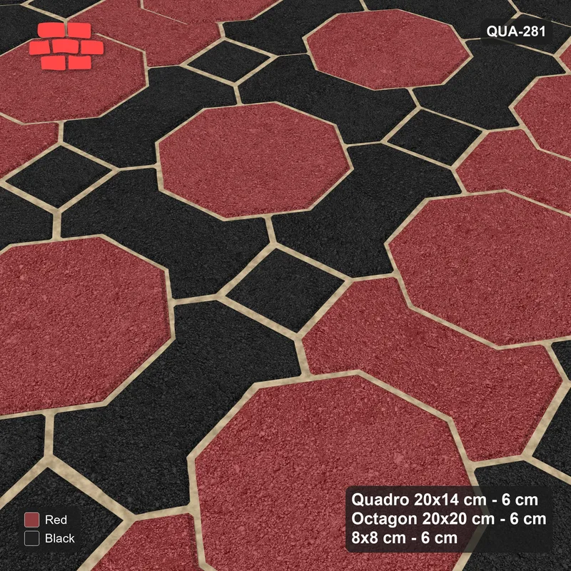 Interlock (Pasco) 20x14 cm · QUA-281 · Quadro-Octagon-8x8 grid, alternating Quadro files, 10 deg (Red & Black), Kerb 54H kerb · Side view Interlock (Pasco) 20x14 cm · QUA-281 · Quadro-Octagon-8x8 grid, alternating Quadro files, 10 deg (Red & Black), Kerb 54H kerb · Side view