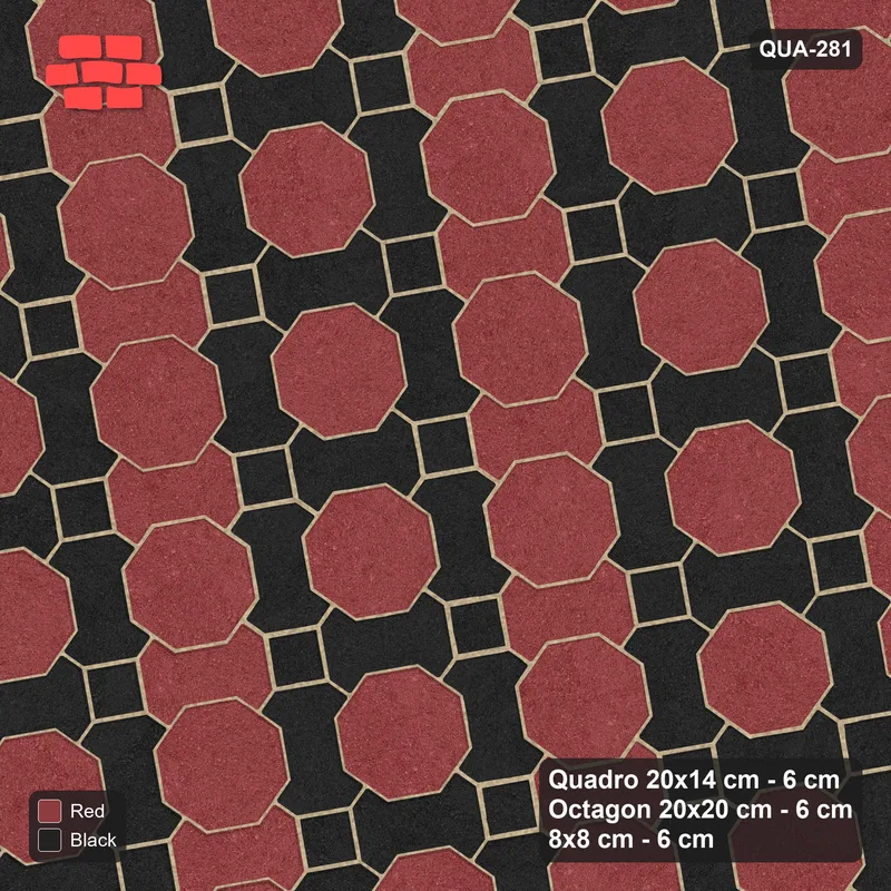 Interlock (Pasco) 20x14 cm · QUA-281 · Quadro-Octagon-8x8 grid, alternating Quadro files, 10 deg (Red & Black), Kerb 54H kerb · Top view Interlock (Pasco) 20x14 cm · QUA-281 · Quadro-Octagon-8x8 grid, alternating Quadro files, 10 deg (Red & Black), Kerb 54H kerb · Top view