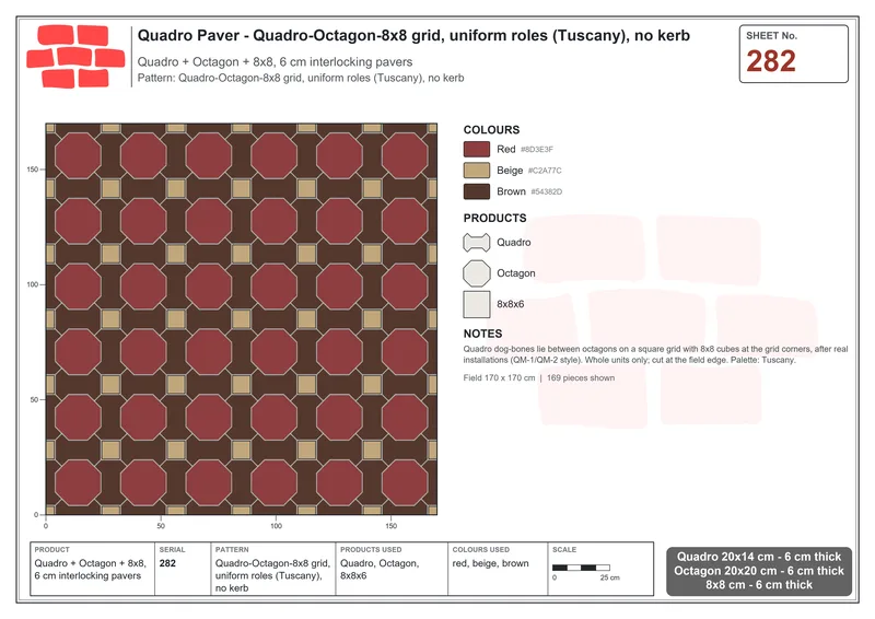 Interlock (Pasco) 20x14 cm · QUA-282 · Quadro-Octagon-8x8 grid, uniform roles (Tuscany), no kerb · Laying plan
