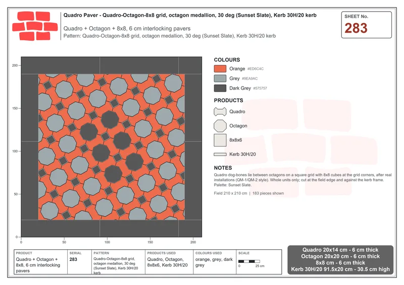 Interlock (Pasco) 20x14 cm · QUA-283 · Quadro-Octagon-8x8 grid, octagon medallion, 30 deg (Sunset Slate), Kerb 30H/20 kerb · Laying plan