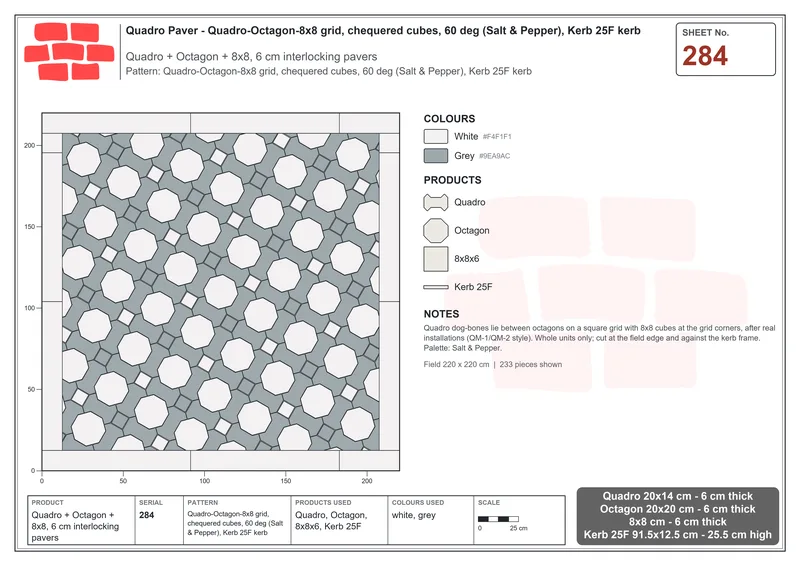 Interlock (Pasco) 20x14 cm · QUA-284 · Quadro-Octagon-8x8 grid, chequered cubes, 60 deg (Salt & Pepper), Kerb 25F kerb · Laying plan