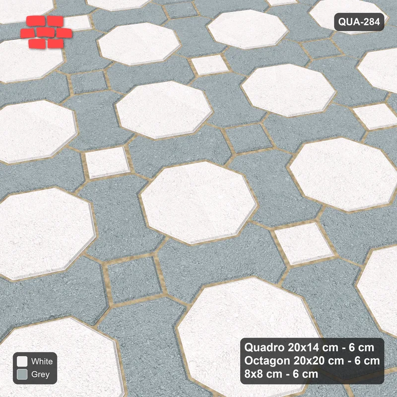 Interlock (Pasco) 20x14 cm · QUA-284 · Quadro-Octagon-8x8 grid, chequered cubes, 60 deg (Salt & Pepper), Kerb 25F kerb · Side view Interlock (Pasco) 20x14 cm · QUA-284 · Quadro-Octagon-8x8 grid, chequered cubes, 60 deg (Salt & Pepper), Kerb 25F kerb · Side view