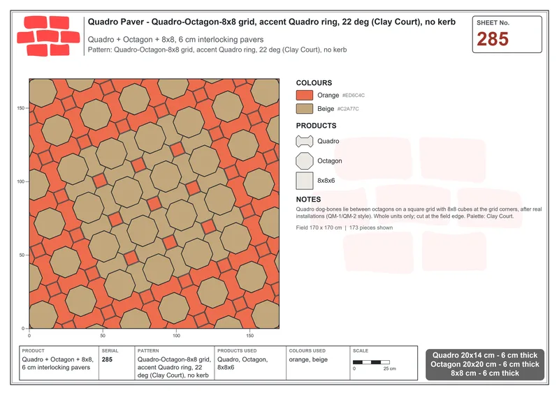 Interlock (Pasco) 20x14 cm · QUA-285 · Quadro-Octagon-8x8 grid, accent Quadro ring, 22 deg (Clay Court), no kerb · Laying plan