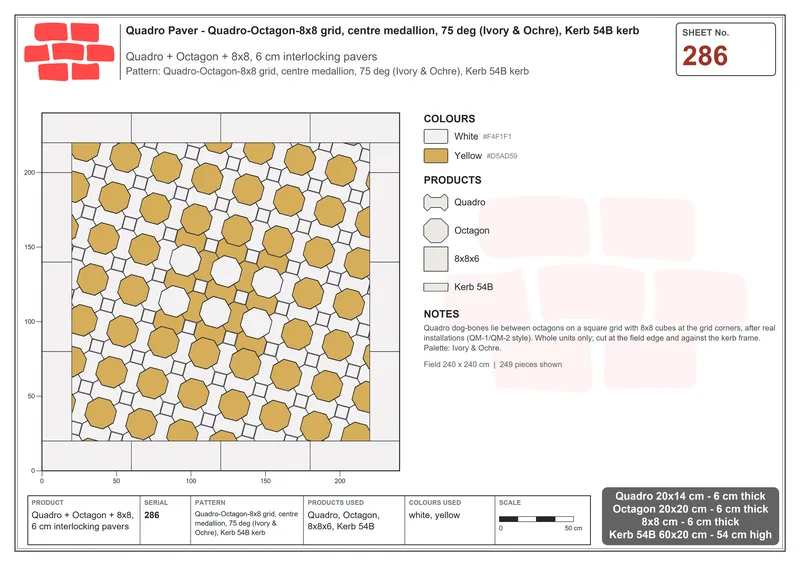 Interlock (Pasco) 20x14 cm · QUA-286 · Quadro-Octagon-8x8 grid, centre medallion, 75 deg (Ivory & Ochre), Kerb 54B kerb · Laying plan