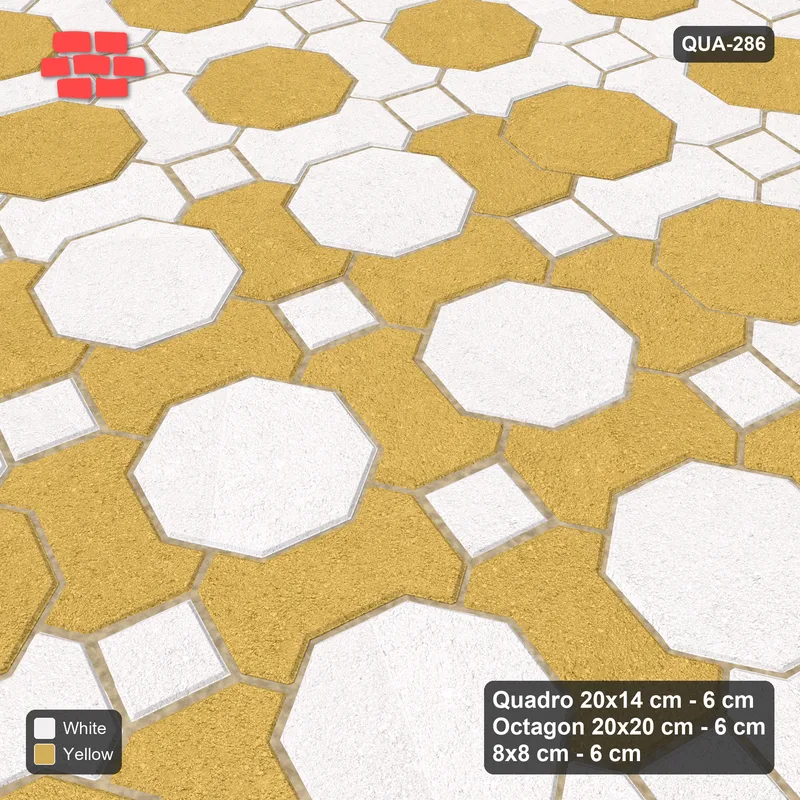 Interlock (Pasco) 20x14 cm · QUA-286 · Quadro-Octagon-8x8 grid, centre medallion, 75 deg (Ivory & Ochre), Kerb 54B kerb · Side view Interlock (Pasco) 20x14 cm · QUA-286 · Quadro-Octagon-8x8 grid, centre medallion, 75 deg (Ivory & Ochre), Kerb 54B kerb · Side view
