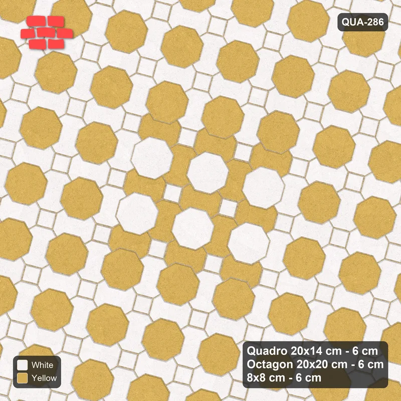Interlock (Pasco) 20x14 cm · QUA-286 · Quadro-Octagon-8x8 grid, centre medallion, 75 deg (Ivory & Ochre), Kerb 54B kerb · Top view Interlock (Pasco) 20x14 cm · QUA-286 · Quadro-Octagon-8x8 grid, centre medallion, 75 deg (Ivory & Ochre), Kerb 54B kerb · Top view