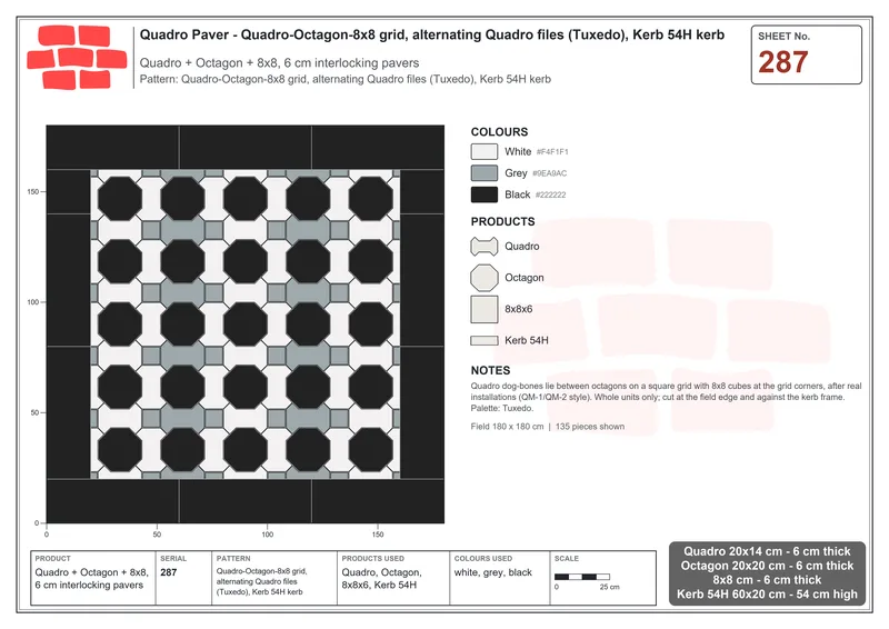 Interlock (Pasco) 20x14 cm · QUA-287 · Quadro-Octagon-8x8 grid, alternating Quadro files (Tuxedo), Kerb 54H kerb · Laying plan
