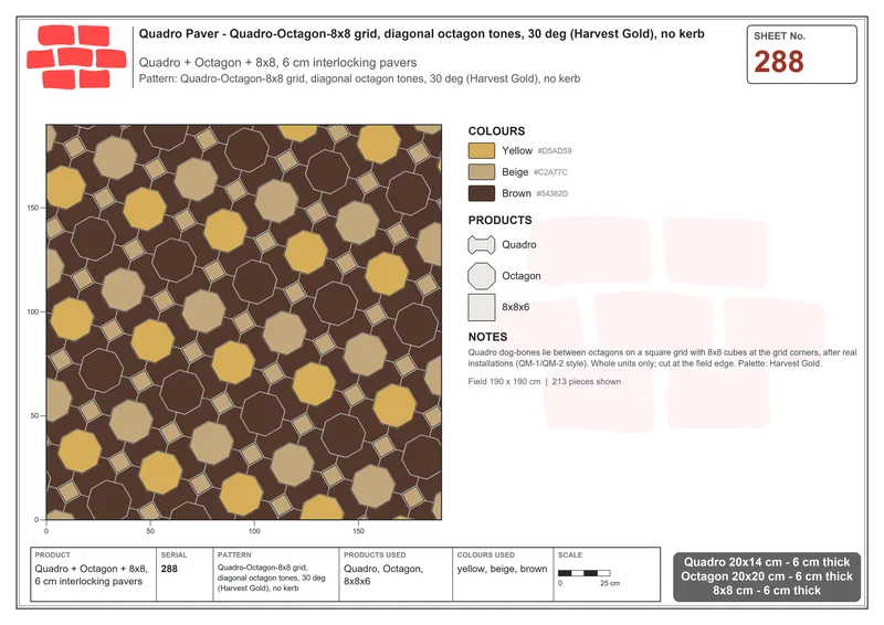 Interlock (Pasco) 20x14 cm · QUA-288 · Quadro-Octagon-8x8 grid, diagonal octagon tones, 30 deg (Harvest Gold), no kerb · Laying plan