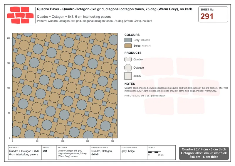 Interlock (Pasco) 20x14 cm · QUA-291 · Quadro-Octagon-8x8 grid, diagonal octagon tones, 75 deg (Warm Grey), no kerb · Laying plan