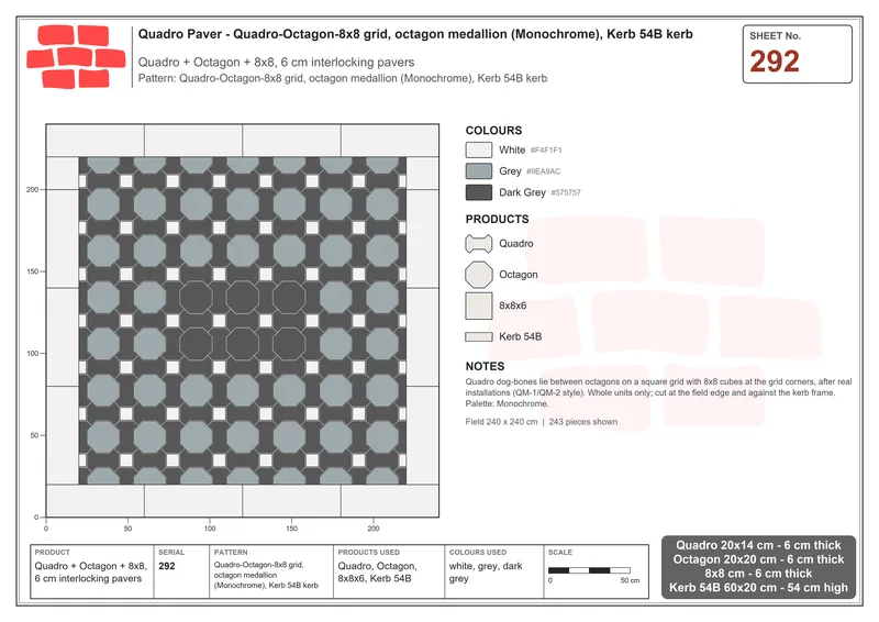 Interlock (Pasco) 20x14 cm · QUA-292 · Quadro-Octagon-8x8 grid, octagon medallion (Monochrome), Kerb 54B kerb · Laying plan