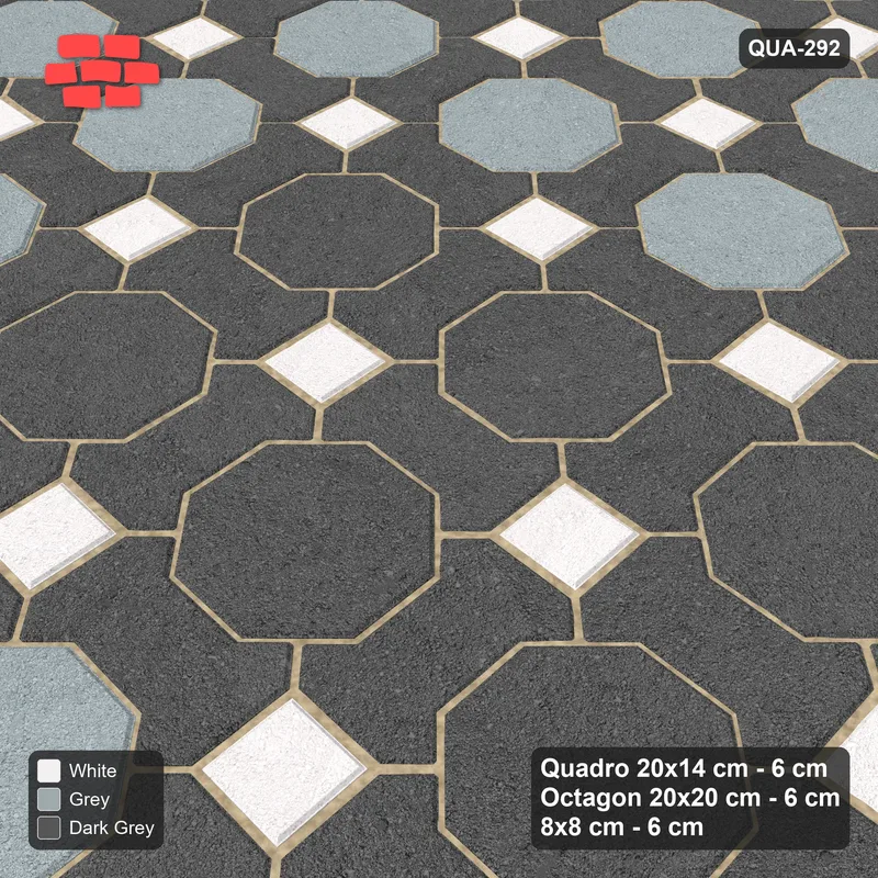 Interlock (Pasco) 20x14 cm · QUA-292 · Quadro-Octagon-8x8 grid, octagon medallion (Monochrome), Kerb 54B kerb · Side view Interlock (Pasco) 20x14 cm · QUA-292 · Quadro-Octagon-8x8 grid, octagon medallion (Monochrome), Kerb 54B kerb · Side view