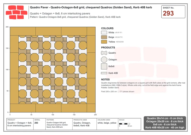 Interlock (Pasco) 20x14 cm · QUA-293 · Quadro-Octagon-8x8 grid, chequered Quadros (Golden Sand), Kerb 40B kerb · Laying plan