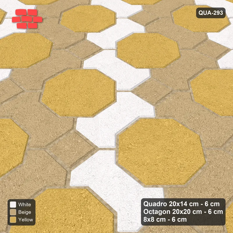 Interlock (Pasco) 20x14 cm · QUA-293 · Quadro-Octagon-8x8 grid, chequered Quadros (Golden Sand), Kerb 40B kerb · Side view Interlock (Pasco) 20x14 cm · QUA-293 · Quadro-Octagon-8x8 grid, chequered Quadros (Golden Sand), Kerb 40B kerb · Side view