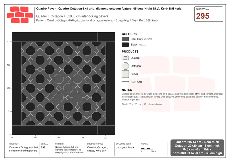 Interlock (Pasco) 20x14 cm · QUA-295 · Quadro-Octagon-8x8 grid, diamond octagon feature, 45 deg (Night Sky), Kerb 38H kerb · Laying plan