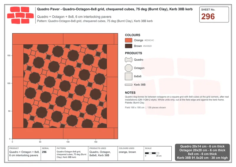 Interlock (Pasco) 20x14 cm · QUA-296 · Quadro-Octagon-8x8 grid, chequered cubes, 75 deg (Burnt Clay), Kerb 38B kerb · Laying plan