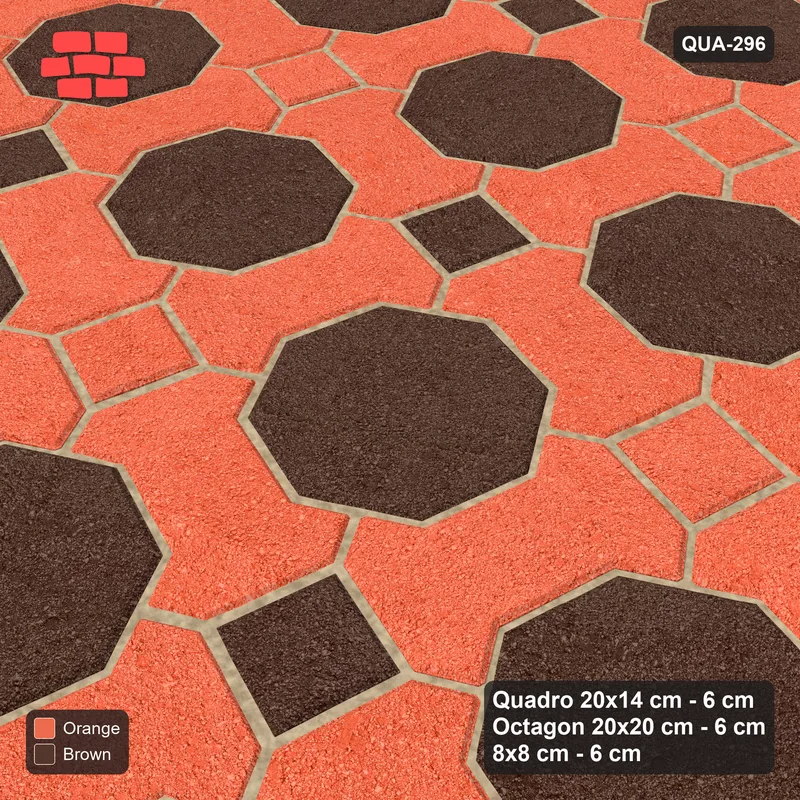 Interlock (Pasco) 20x14 cm · QUA-296 · Quadro-Octagon-8x8 grid, chequered cubes, 75 deg (Burnt Clay), Kerb 38B kerb · Side view Interlock (Pasco) 20x14 cm · QUA-296 · Quadro-Octagon-8x8 grid, chequered cubes, 75 deg (Burnt Clay), Kerb 38B kerb · Side view