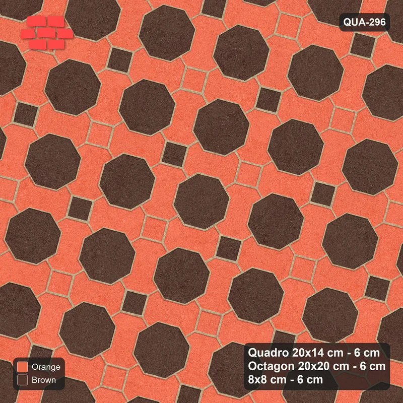 Interlock (Pasco) 20x14 cm · QUA-296 · Quadro-Octagon-8x8 grid, chequered cubes, 75 deg (Burnt Clay), Kerb 38B kerb · Top view Interlock (Pasco) 20x14 cm · QUA-296 · Quadro-Octagon-8x8 grid, chequered cubes, 75 deg (Burnt Clay), Kerb 38B kerb · Top view