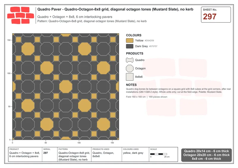 Interlock (Pasco) 20x14 cm · QUA-297 · Quadro-Octagon-8x8 grid, diagonal octagon tones (Mustard Slate), no kerb · Laying plan