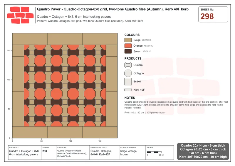 Interlock (Pasco) 20x14 cm · QUA-298 · Quadro-Octagon-8x8 grid, two-tone Quadro files (Autumn), Kerb 40F kerb · Laying plan