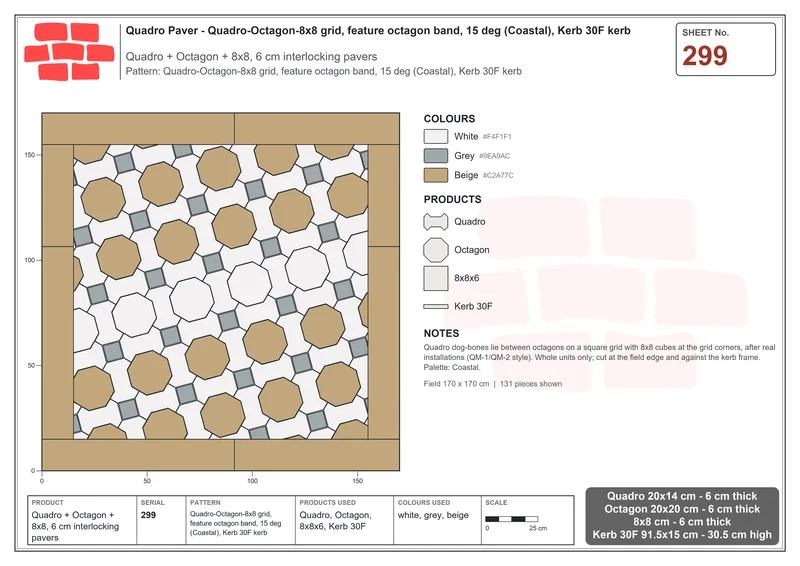 Interlock (Pasco) 20x14 cm · QUA-299 · Quadro-Octagon-8x8 grid, feature octagon band, 15 deg (Coastal), Kerb 30F kerb · Laying plan