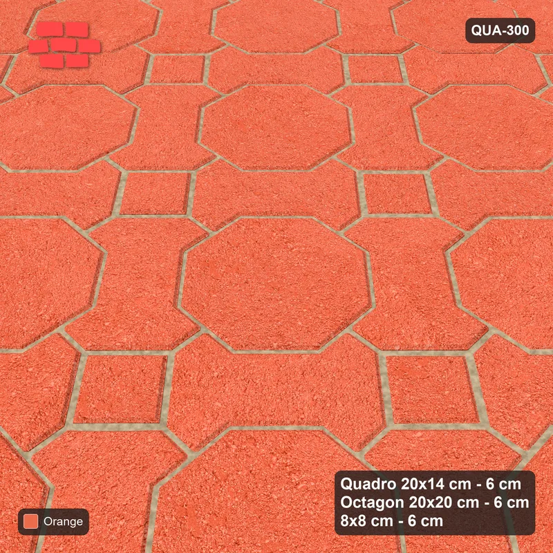Interlock (Pasco) 20x14 cm · QUA-300 · Quadro-Octagon-8x8 grid, uniform roles, 45 deg (Coral), no kerb · Side view Interlock (Pasco) 20x14 cm · QUA-300 · Quadro-Octagon-8x8 grid, uniform roles, 45 deg (Coral), no kerb · Side view