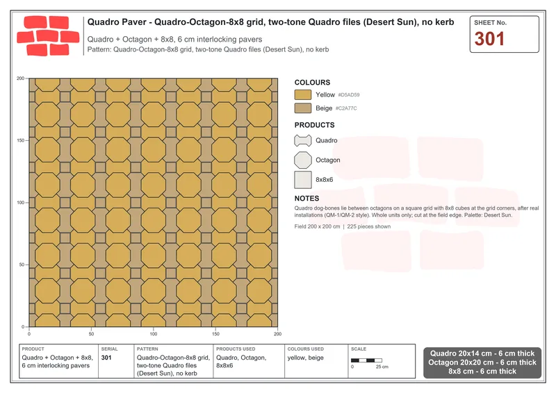 Interlock (Pasco) 20x14 cm · QUA-301 · Quadro-Octagon-8x8 grid, two-tone Quadro files (Desert Sun), no kerb · Laying plan