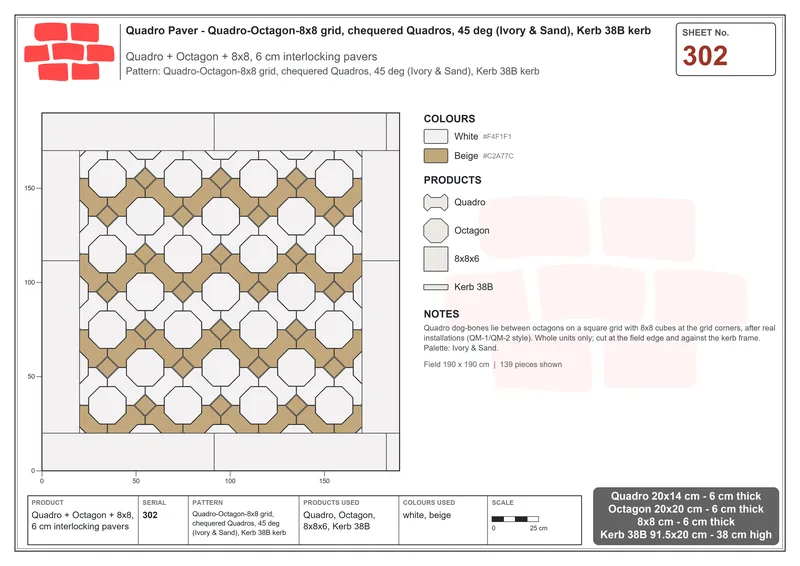 Interlock (Pasco) 20x14 cm · QUA-302 · Quadro-Octagon-8x8 grid, chequered Quadros, 45 deg (Ivory & Sand), Kerb 38B kerb · Laying plan