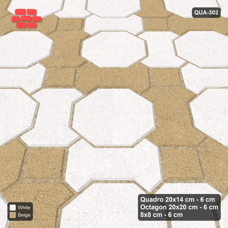 Interlock (Pasco) 20x14 cm · QUA-302 · Quadro-Octagon-8x8 grid, chequered Quadros, 45 deg (Ivory & Sand), Kerb 38B kerb · Side view Interlock (Pasco) 20x14 cm · QUA-302 · Quadro-Octagon-8x8 grid, chequered Quadros, 45 deg (Ivory & Sand), Kerb 38B kerb · Side view