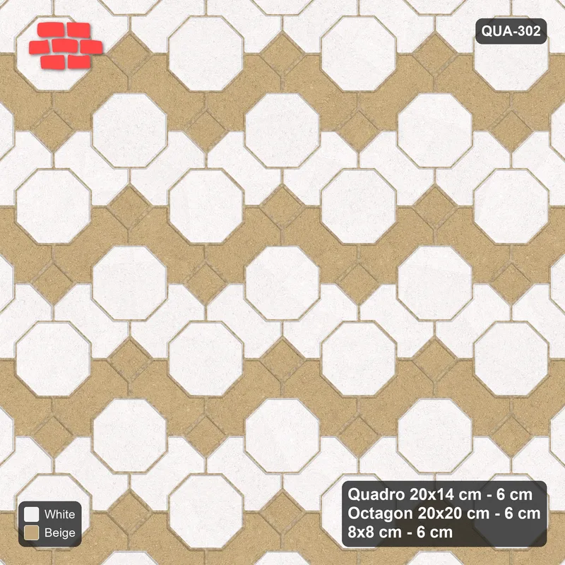 Interlock (Pasco) 20x14 cm · QUA-302 · Quadro-Octagon-8x8 grid, chequered Quadros, 45 deg (Ivory & Sand), Kerb 38B kerb · Top view Interlock (Pasco) 20x14 cm · QUA-302 · Quadro-Octagon-8x8 grid, chequered Quadros, 45 deg (Ivory & Sand), Kerb 38B kerb · Top view