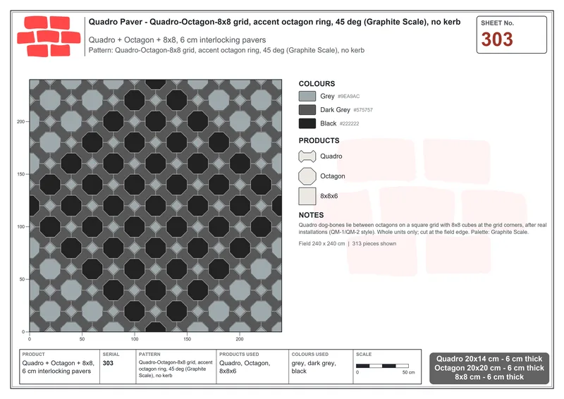 Interlock (Pasco) 20x14 cm · QUA-303 · Quadro-Octagon-8x8 grid, accent octagon ring, 45 deg (Graphite Scale), no kerb · Laying plan