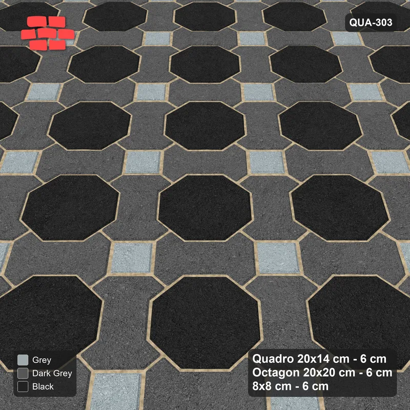 Interlock (Pasco) 20x14 cm · QUA-303 · Quadro-Octagon-8x8 grid, accent octagon ring, 45 deg (Graphite Scale), no kerb · Side view Interlock (Pasco) 20x14 cm · QUA-303 · Quadro-Octagon-8x8 grid, accent octagon ring, 45 deg (Graphite Scale), no kerb · Side view