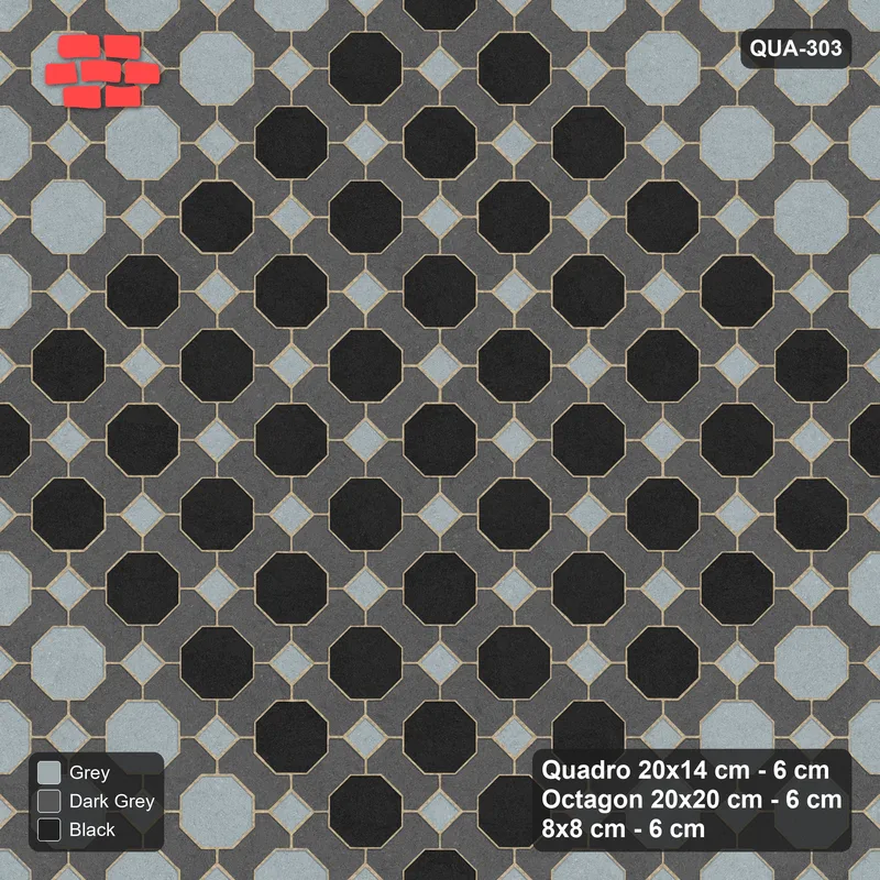 Interlock (Pasco) 20x14 cm · QUA-303 · Quadro-Octagon-8x8 grid, accent octagon ring, 45 deg (Graphite Scale), no kerb · Top view Interlock (Pasco) 20x14 cm · QUA-303 · Quadro-Octagon-8x8 grid, accent octagon ring, 45 deg (Graphite Scale), no kerb · Top view