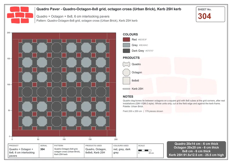 Interlock (Pasco) 20x14 cm · QUA-304 · Quadro-Octagon-8x8 grid, octagon cross (Urban Brick), Kerb 25H kerb · Laying plan