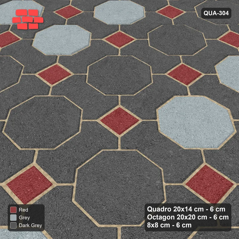 Interlock (Pasco) 20x14 cm · QUA-304 · Quadro-Octagon-8x8 grid, octagon cross (Urban Brick), Kerb 25H kerb · Side view Interlock (Pasco) 20x14 cm · QUA-304 · Quadro-Octagon-8x8 grid, octagon cross (Urban Brick), Kerb 25H kerb · Side view