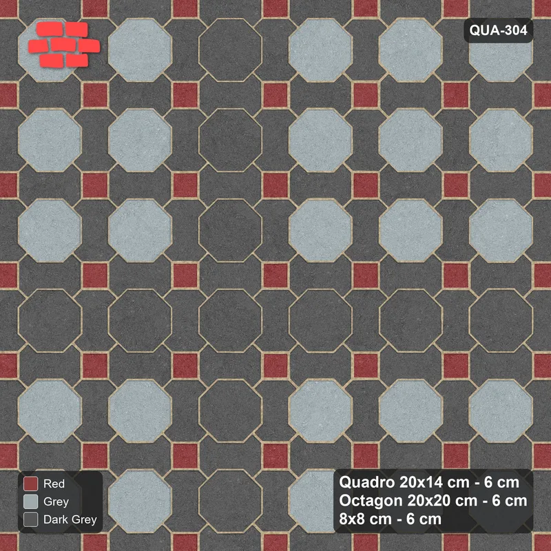 Interlock (Pasco) 20x14 cm · QUA-304 · Quadro-Octagon-8x8 grid, octagon cross (Urban Brick), Kerb 25H kerb · Top view Interlock (Pasco) 20x14 cm · QUA-304 · Quadro-Octagon-8x8 grid, octagon cross (Urban Brick), Kerb 25H kerb · Top view