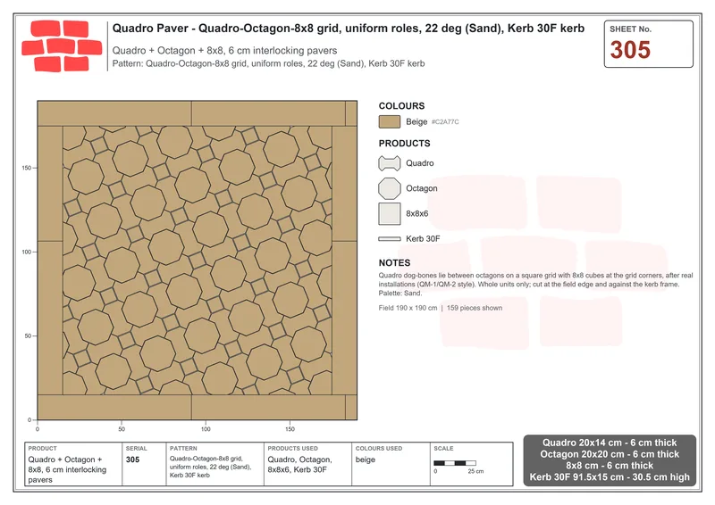 Interlock (Pasco) 20x14 cm · QUA-305 · Quadro-Octagon-8x8 grid, uniform roles, 22 deg (Sand), Kerb 30F kerb · Laying plan