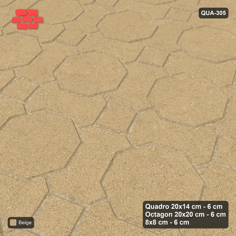 Interlock (Pasco) 20x14 cm · QUA-305 · Quadro-Octagon-8x8 grid, uniform roles, 22 deg (Sand), Kerb 30F kerb · Side view Interlock (Pasco) 20x14 cm · QUA-305 · Quadro-Octagon-8x8 grid, uniform roles, 22 deg (Sand), Kerb 30F kerb · Side view