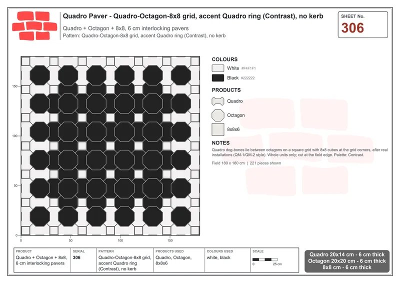 Interlock (Pasco) 20x14 cm · QUA-306 · Quadro-Octagon-8x8 grid, accent Quadro ring (Contrast), no kerb · Laying plan