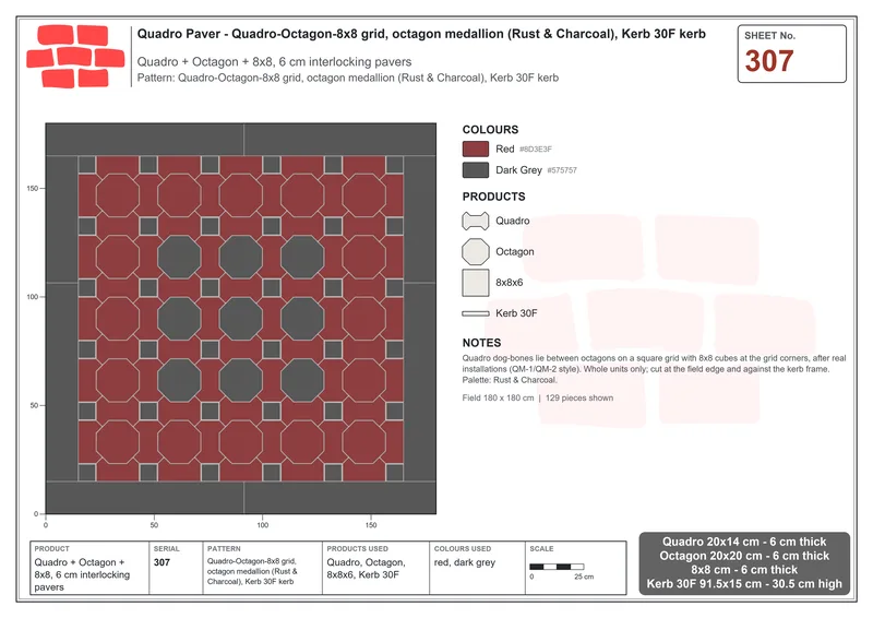 Interlock (Pasco) 20x14 cm · QUA-307 · Quadro-Octagon-8x8 grid, octagon medallion (Rust & Charcoal), Kerb 30F kerb · Laying plan