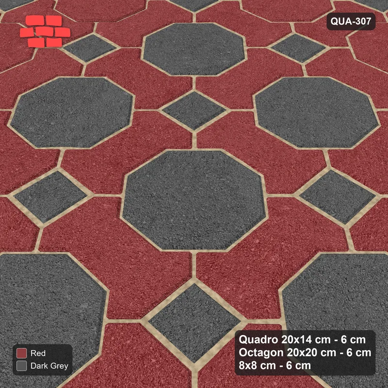 Interlock (Pasco) 20x14 cm · QUA-307 · Quadro-Octagon-8x8 grid, octagon medallion (Rust & Charcoal), Kerb 30F kerb · Side view Interlock (Pasco) 20x14 cm · QUA-307 · Quadro-Octagon-8x8 grid, octagon medallion (Rust & Charcoal), Kerb 30F kerb · Side view